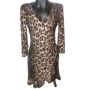 Spanner Leopard Print Faux Wrap Dress in Brown and Black Size M